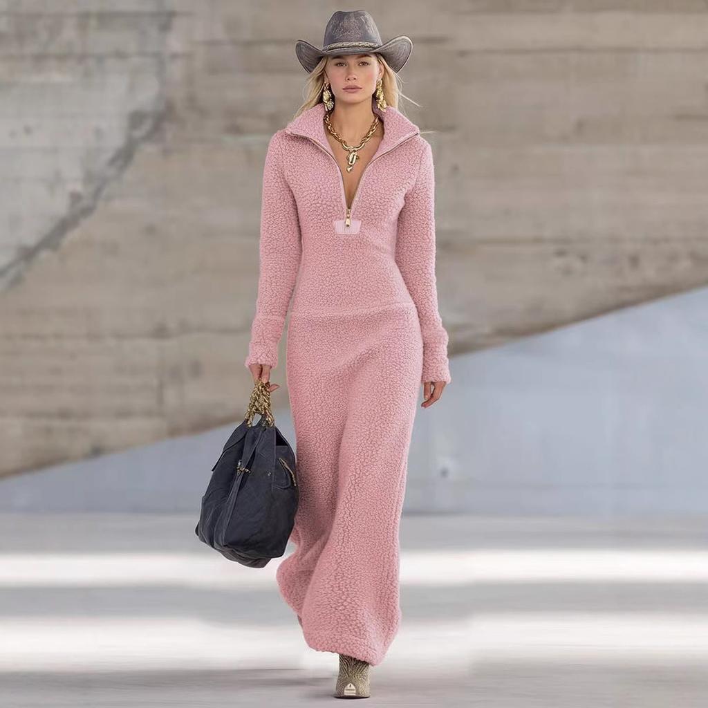 Vestido Largo de Manga Larga Ajustado de Forro Polar para Mujer Otoño Invierno Cremallera Cuello Polo Casual para Transfronterizo Europeo Americano