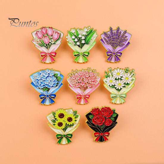 Enamel Flower Pin Set Bouquet Brooch for Women, Romantic Jewelry, Durable Floral Zinc Alloy Lapel Coats Dresses And Scarves Gold Edge Aesthetic