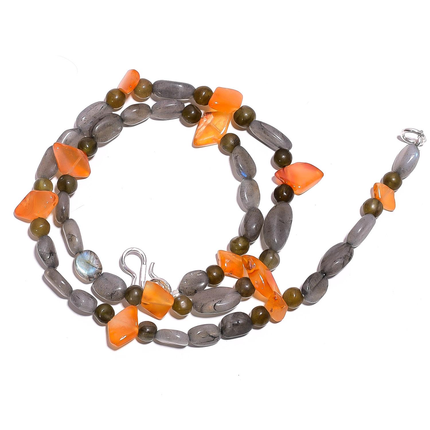 

Natural Labradorite Carnelian Gemstone Smooth Beads Necklace 17 UB-5031 UB-5031
