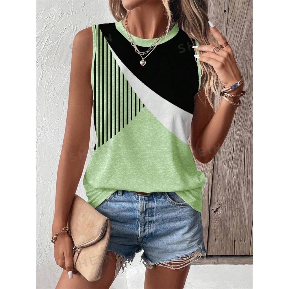 Summer color splicing 3D printing women's fashionable O-neck vest