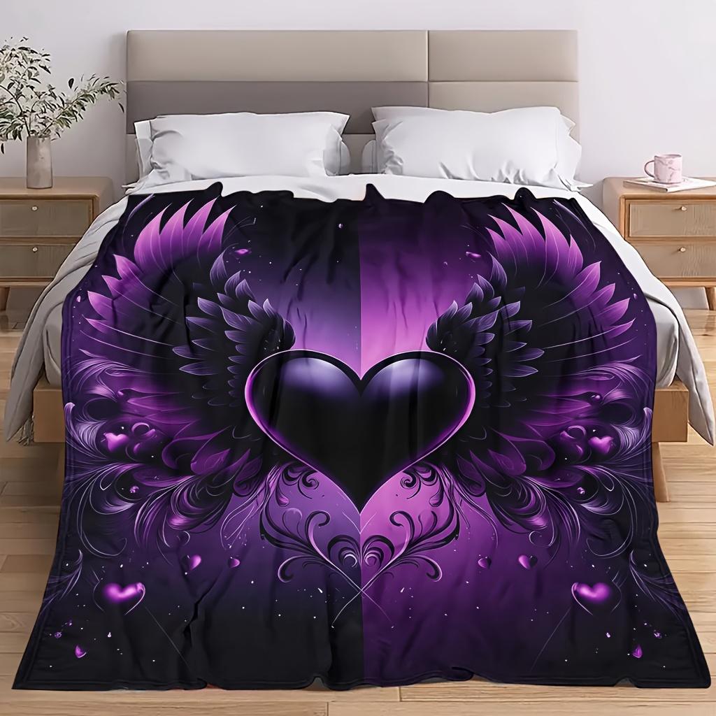 A Cozy Purple Heart-Shaped Wings Themed Fleece Blanket with Soft High-Definition Digital Printing, Suitable for Cooling And Usable All Year Round! Mad