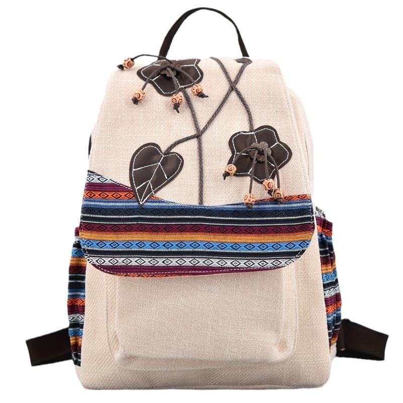 

Ретро Национальный Ветер Большой Вместимости Рюкзак Женский Ручной Работы Хлопок Льняная Сумка Для Отдыха Простая Сумка Студента Колледжа бежевый