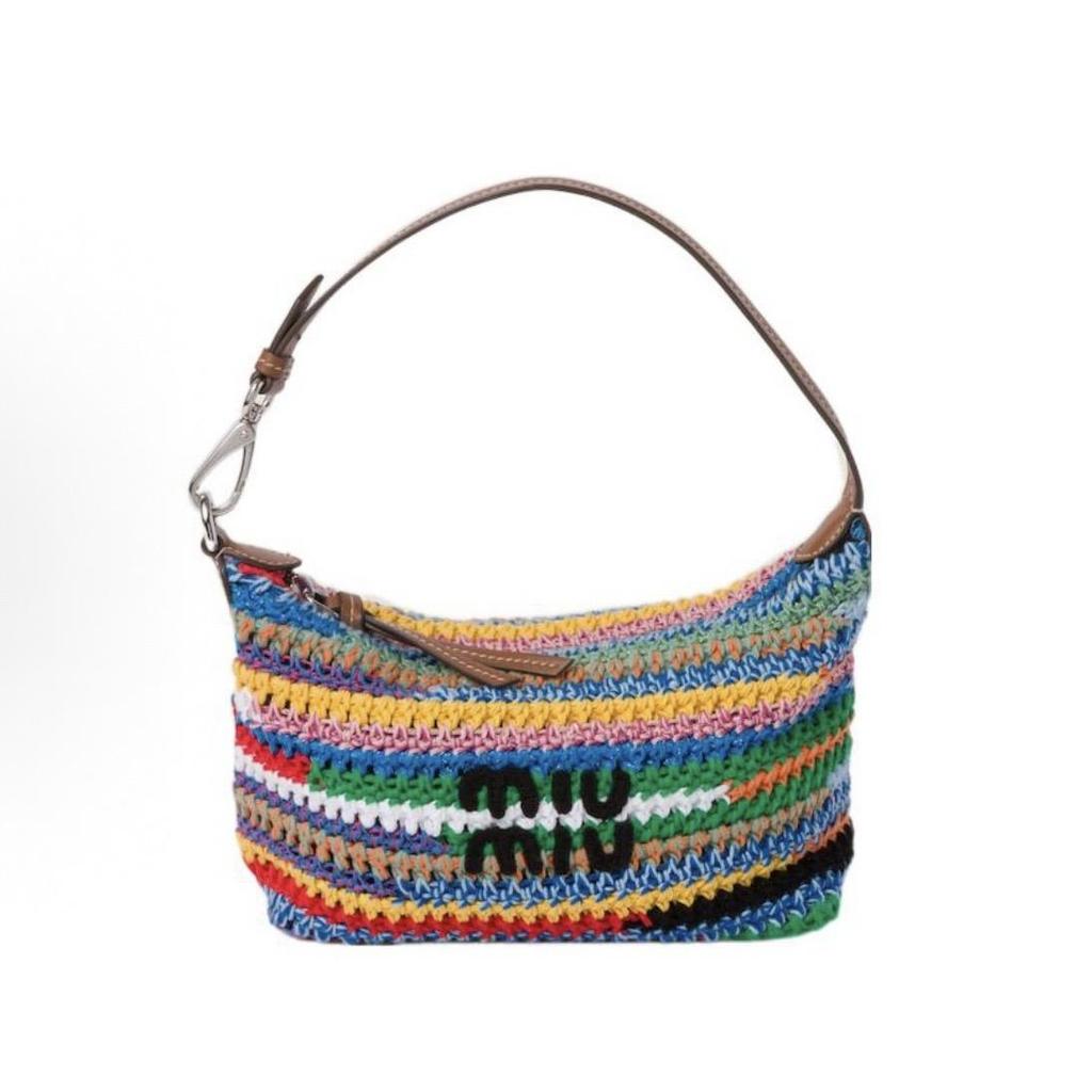 MIU MIU Embroidered Monogram Logo Crochet Leather Handle Shoulder Bag Tote Women's Rainbow Color