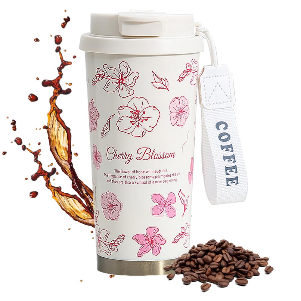 Cute floral-patterned thermos tumbler, vacuum insulated, stainless steel, leak-proof, keeps drinks hot or cold, can be used with a straw or directly