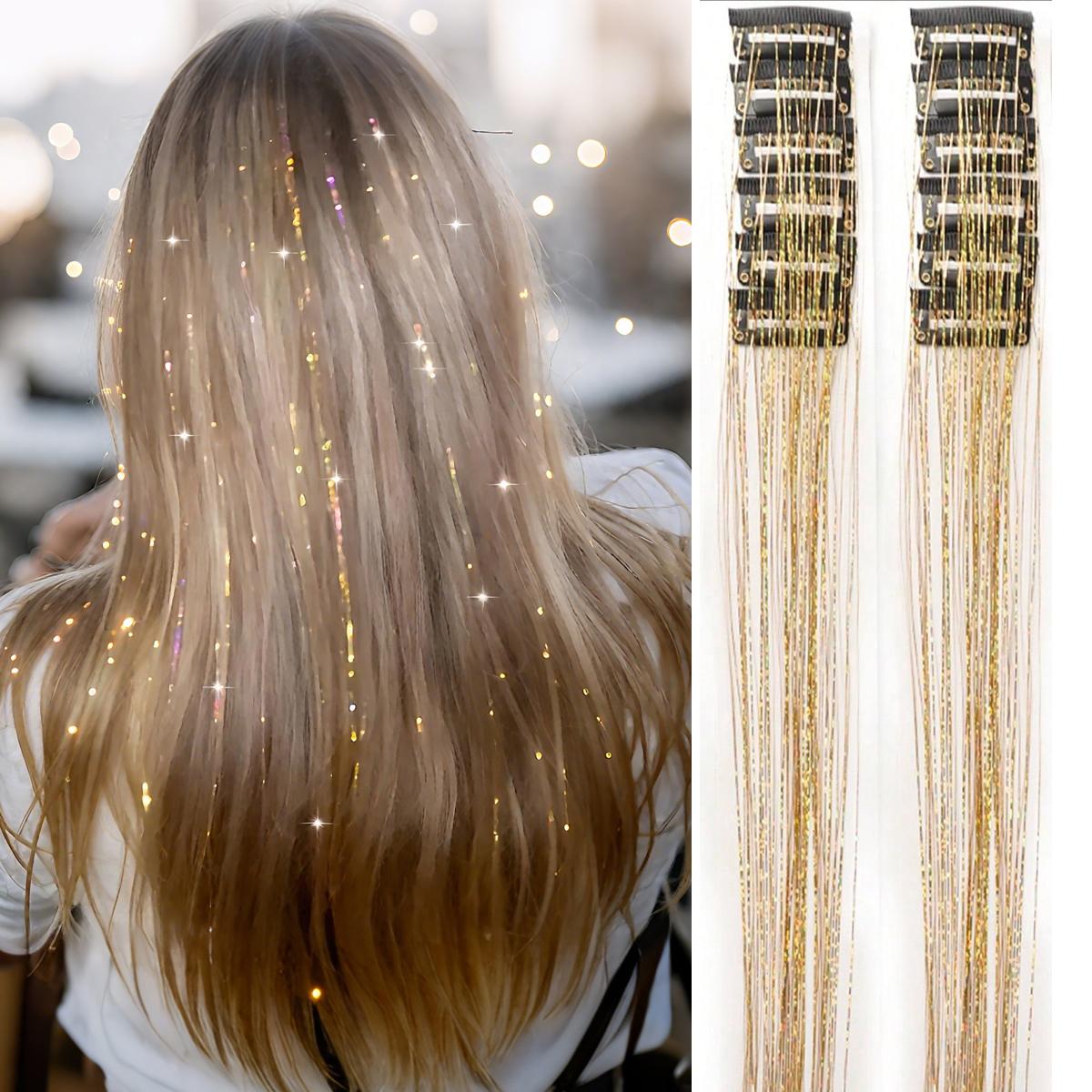 

12 шт. Синтетична мішура для волосся на кліпсах 20 дюймів Блискуча мішура Кліпса для волосся Набір мішури для волосся Термостійке Блискуче Чарівне волосся 20inches золотий