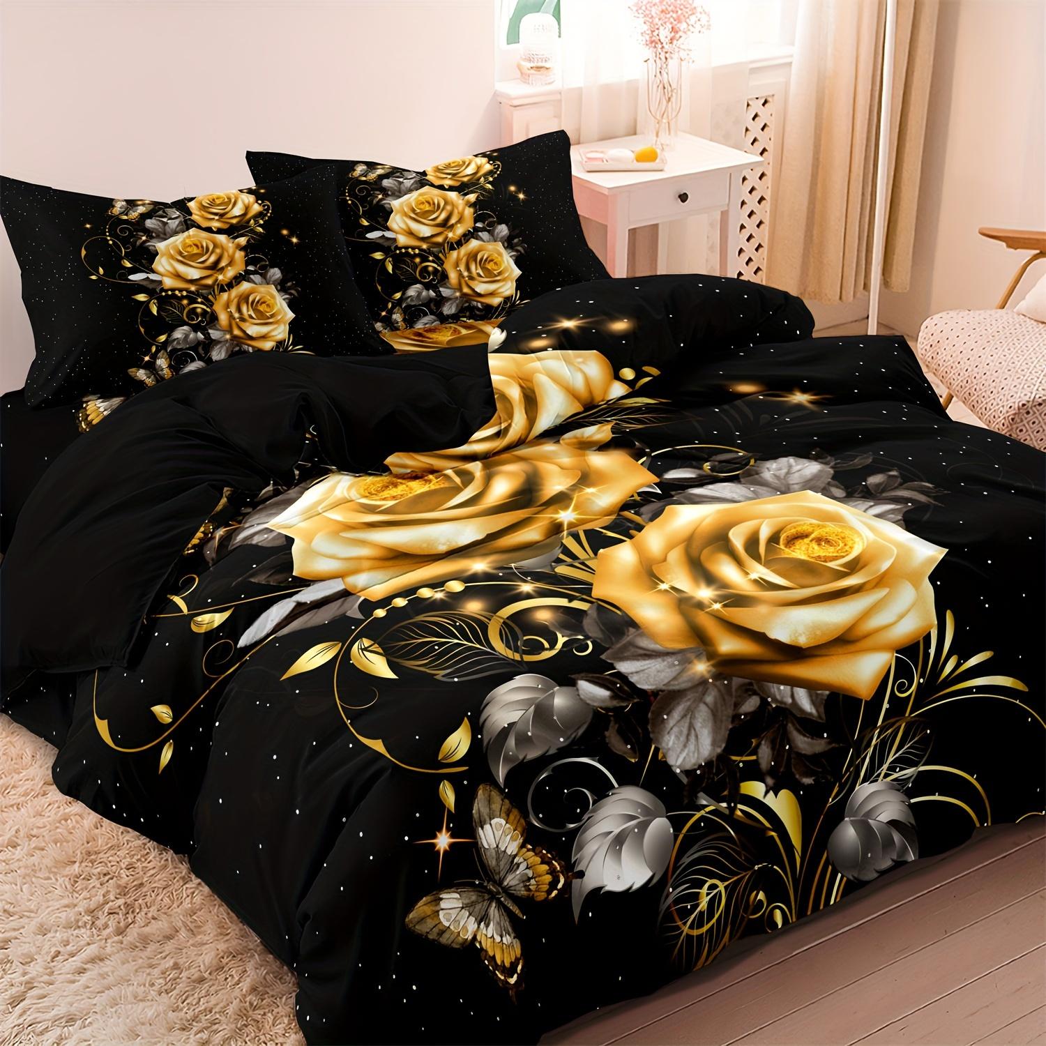 

3Pcs Luxurious Golden Rose Butterfly Quilt/Doona/Duvet Cover Set - Soft, Breathable Bedding For Bedroom And Dorm Room Aesthetics Duvet Cover Set&EU Single(135x200cm)