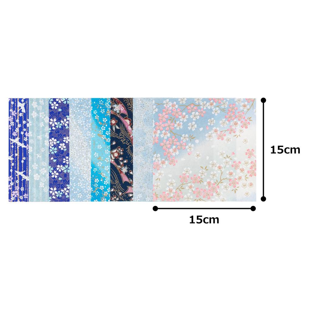 Kawasumi Washi Special Selection Blue Chiyogami Yuzen Washi 8 Patterns Hand-Dyed Paper, 15cm,