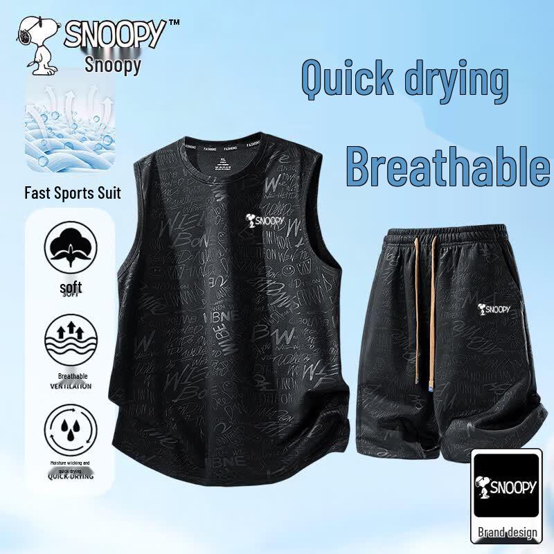 SNOOPY Men s Cooling Sleeveless Vest & Shorts Outdoor Sport Set L чёрный
