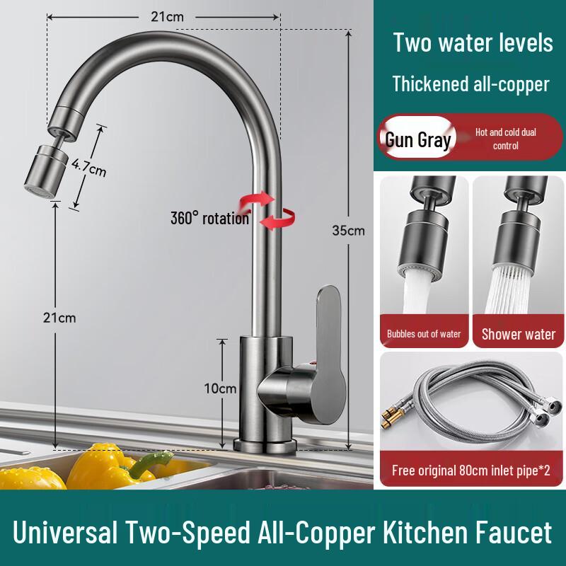 ZISIZ Gunmetal Grey Brass Kitchen Faucet with Dual Spray Modes