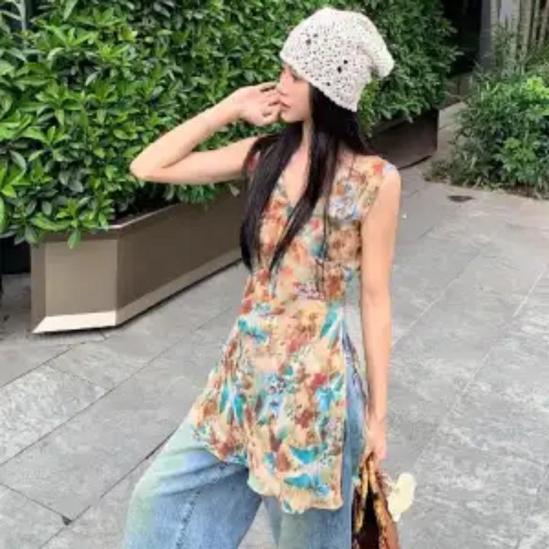 Chic Print Halter Top for Women Spring Slim Fit Unique Long Mid-Sleeve