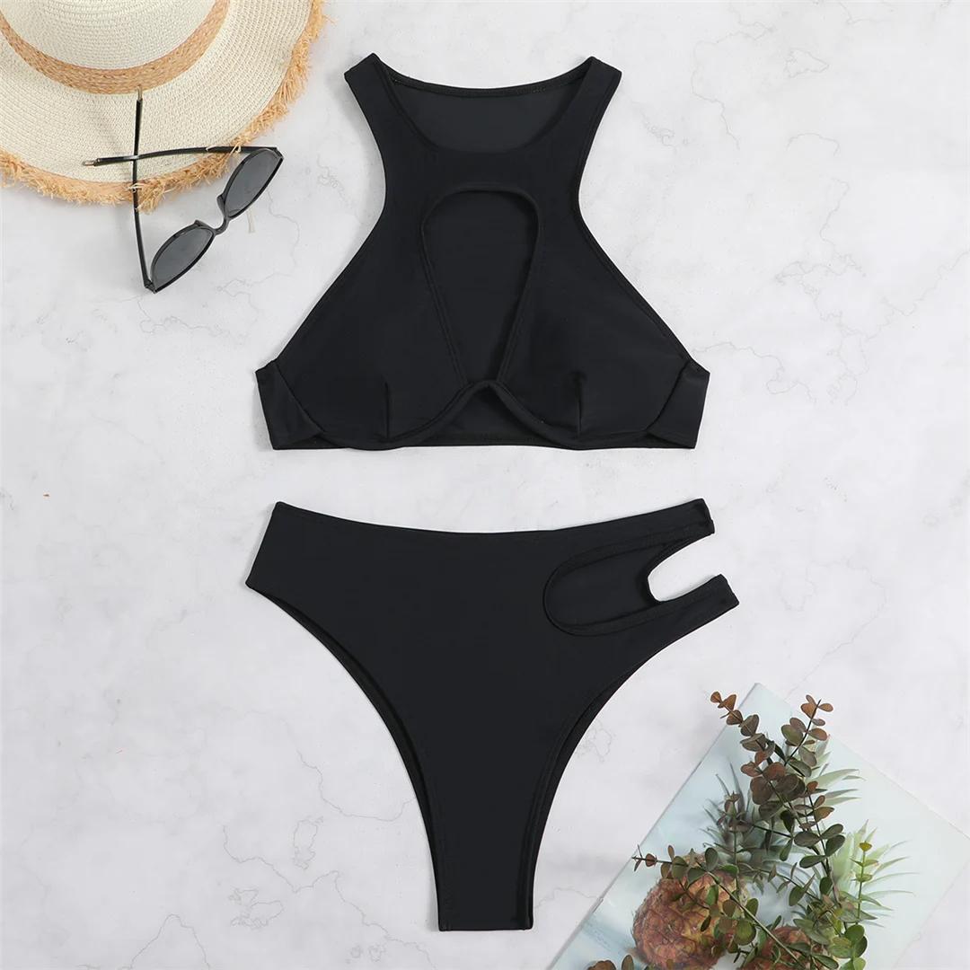 

Новый сексуальный вырез на косточках V-образный женский купальник бикини женский купальник из двух частей комплект бикини купальный костюм купальный костюм M чёрный