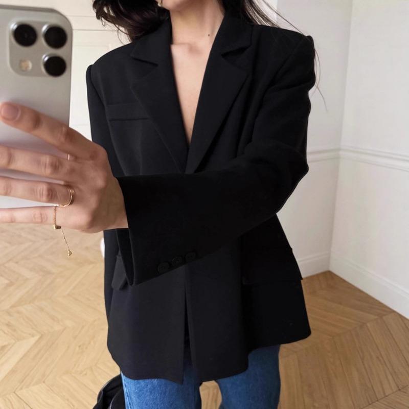 Vintage Black Narrow Cut Waist Fitted Blazer For Women Commute Office Outerwear