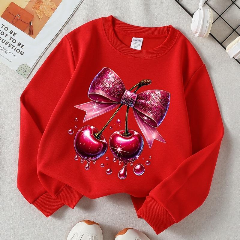 Kids Crewneck Long Sleeve Sweatshirt,Shiny Cherries with Sparkle Bow Print