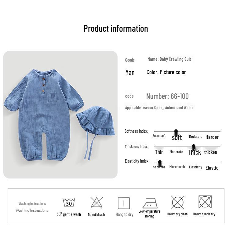Hooded Baby Summer Romper: Double Layer Gauze, 100% Cotton, Solid Color, Breathable and Sweat-Absorbent - Ideal for Crawling and Casual Wear