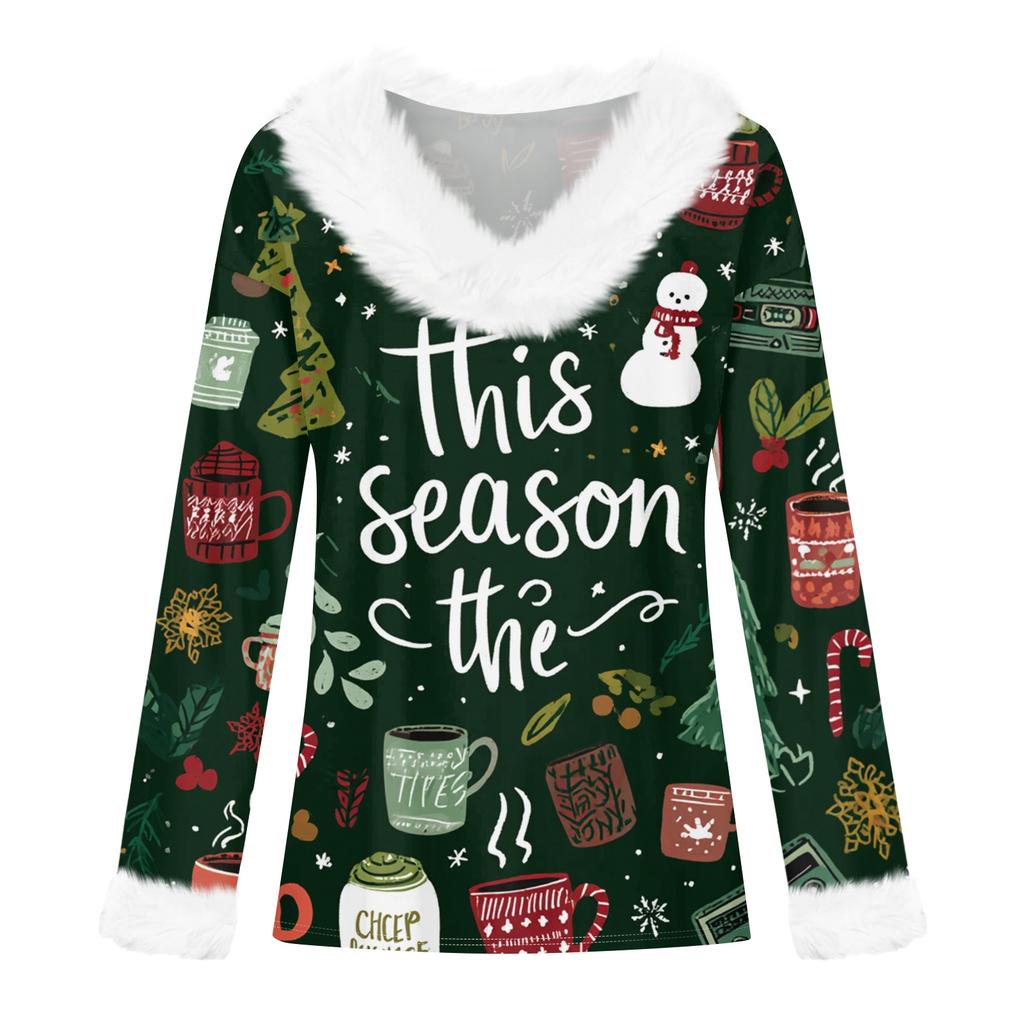 Women's Casual Fashion Long Sleeve Christmas Printed Flannel Collar Top