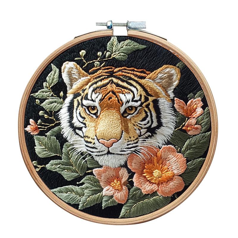 1pc Tiger and Flower Landscape Embroidery DIY Fabric Craft Kit with Tools