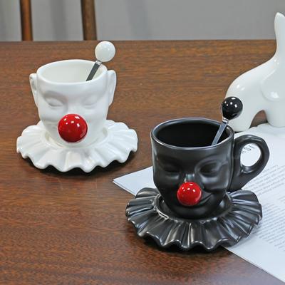 European Vintage Creative Face Sculpture Ceramic Coffee Mug Cup Saucer Set Abstract Home Decor