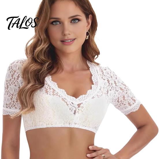 Tradiční německá blůza Dirndl Dámská crop top s květinovou krajkou, Bavorská kostýmová blůza na Oktoberfest, Krátký rukáv, Průhledná zkrácená košile, Sexy top
