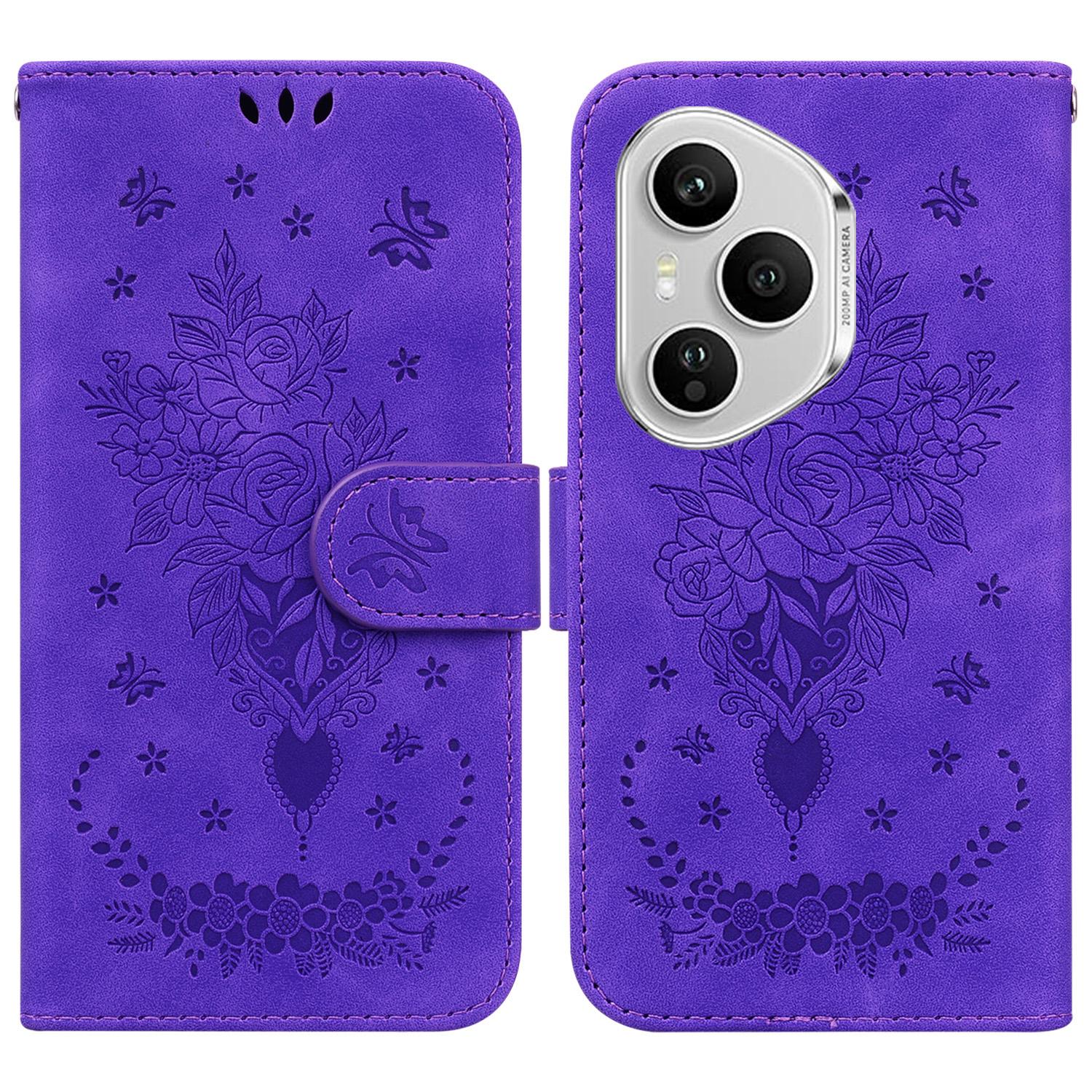 

For Honor 400 Pro 5G (Global) Case Butterfly Flower Imprint PU Leather Wallet Phone Cover with Strap Purple