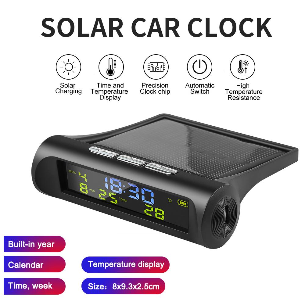 Auto Digitaluhr Solar mit LCD Zeit Datumsanzeige In-Car Temperaturanzeige für Outdoor Persönliches Autoteil Dekoration Auto Zeitscheibe