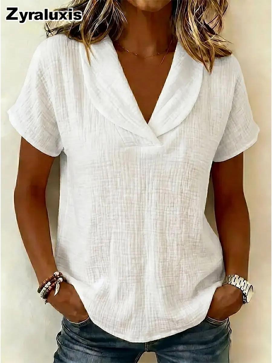 Women s Summer Knitted Short Sleeve Top Linen Butterfly Collar New Casual S белый