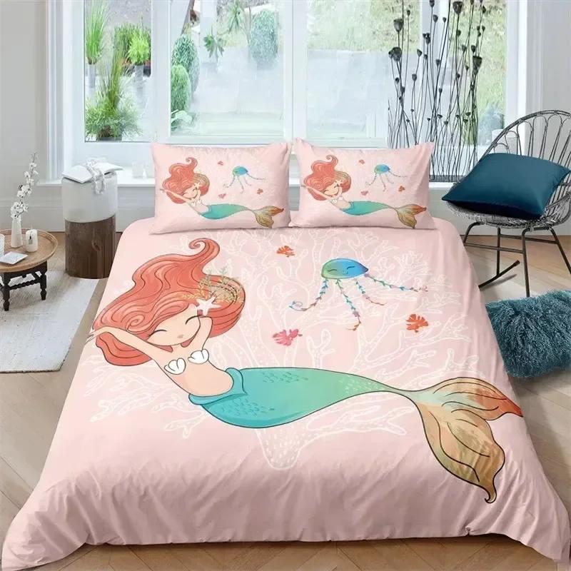 Modern Cartoon Mermaid Toddler Bedding Set Duvet Cover Sheet Printed Bed Set Pillowcase Full Queen King Size Comforter Bedroom