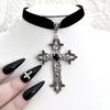 A Classic Gothic Large Cross Shaped Black Velvet Necklace Prepared for Her, Gorgeous Cross Shaped Black Velvet Necklace