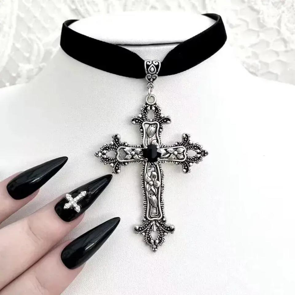 A Classic Gothic Large Cross Shaped Black Velvet Necklace Prepared for Her, Gorgeous Cross Shaped Black Velvet Necklace