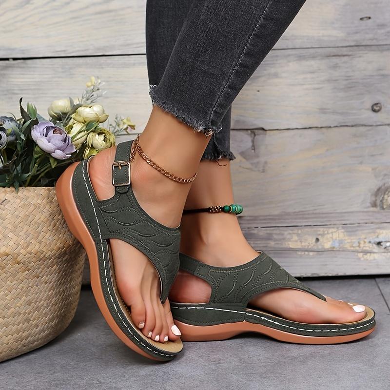 Thone-Keilsandalen für Damen, einfarbige Slingback-Schuhe mit offenem Zehenbereich und Knöchelschnalle, lässige Retro-Schuhe