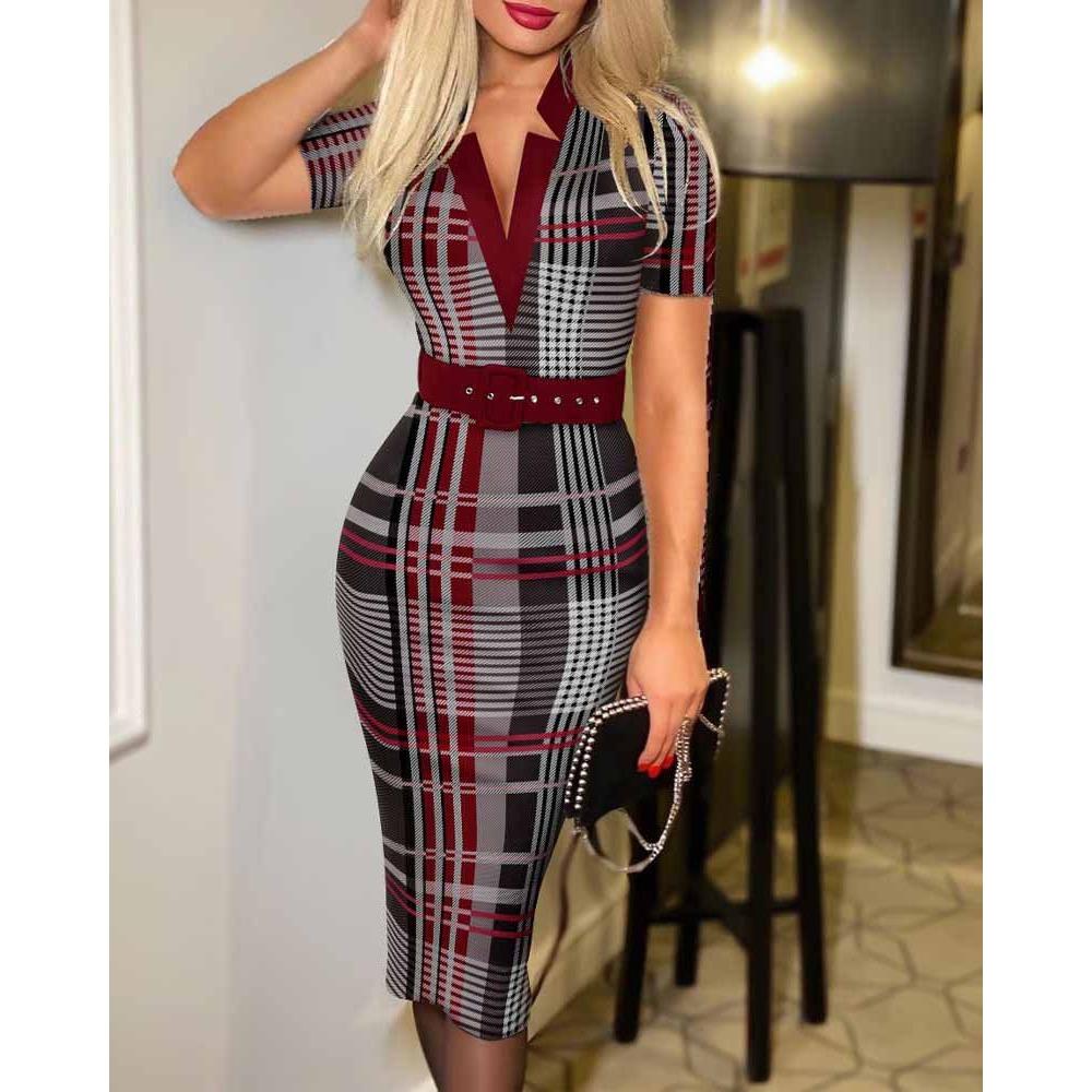GMXIA Spring Autumn Fashion Checkered V-neck, Body-hugging, Long-sleeved and Sexy Dress for Women