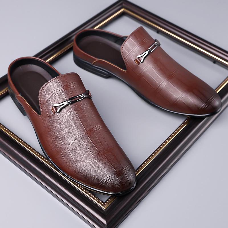 Summer New Designer Half Slippers for Men Fashion Casual Pointed-toe Dress Shoes Male Solid Color Leather Shoe Mules Man
