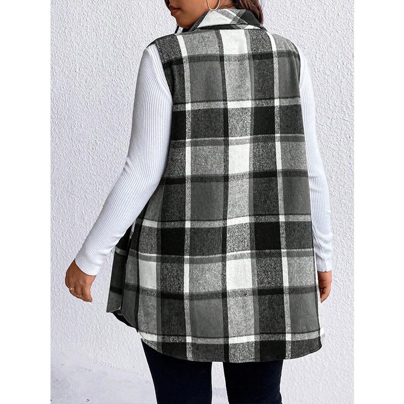Vestă fără mâneci în carouri de mărime mare Moda toamnă și iarnă Jachetă largi de damă din tweed