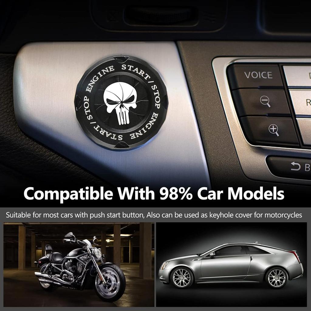 Car Push Start Button Cover - Spin Ignition Protective Metal Cover, Universal Engine Push to Start DIY Decoration (Skull Black)