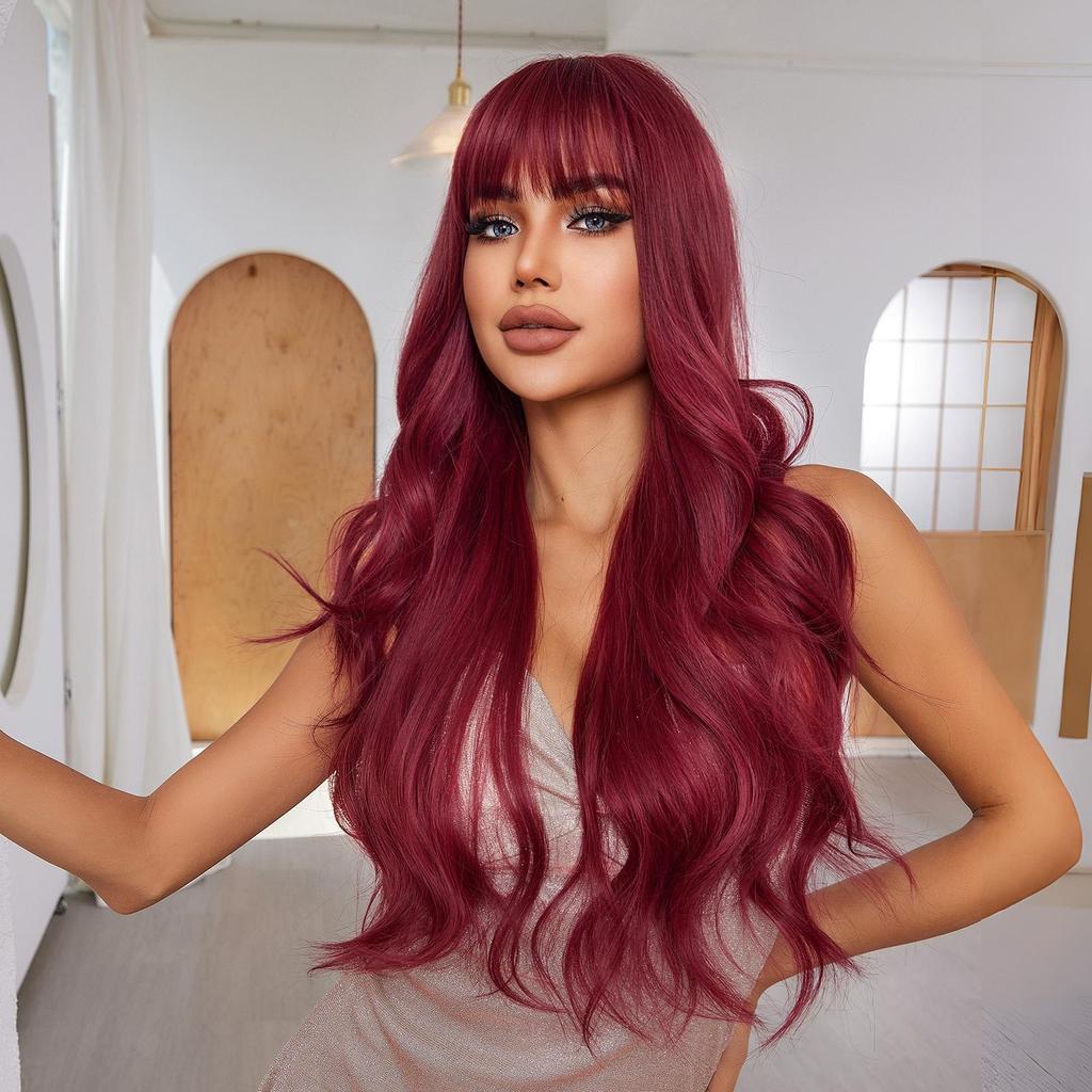 ALAN EATON Long Curly Wavy Red Synthetic Hair Wigs with Bangs Long Women Darty Wigs Daily Cosplay Wig Heat Resistant Fiber Wigs