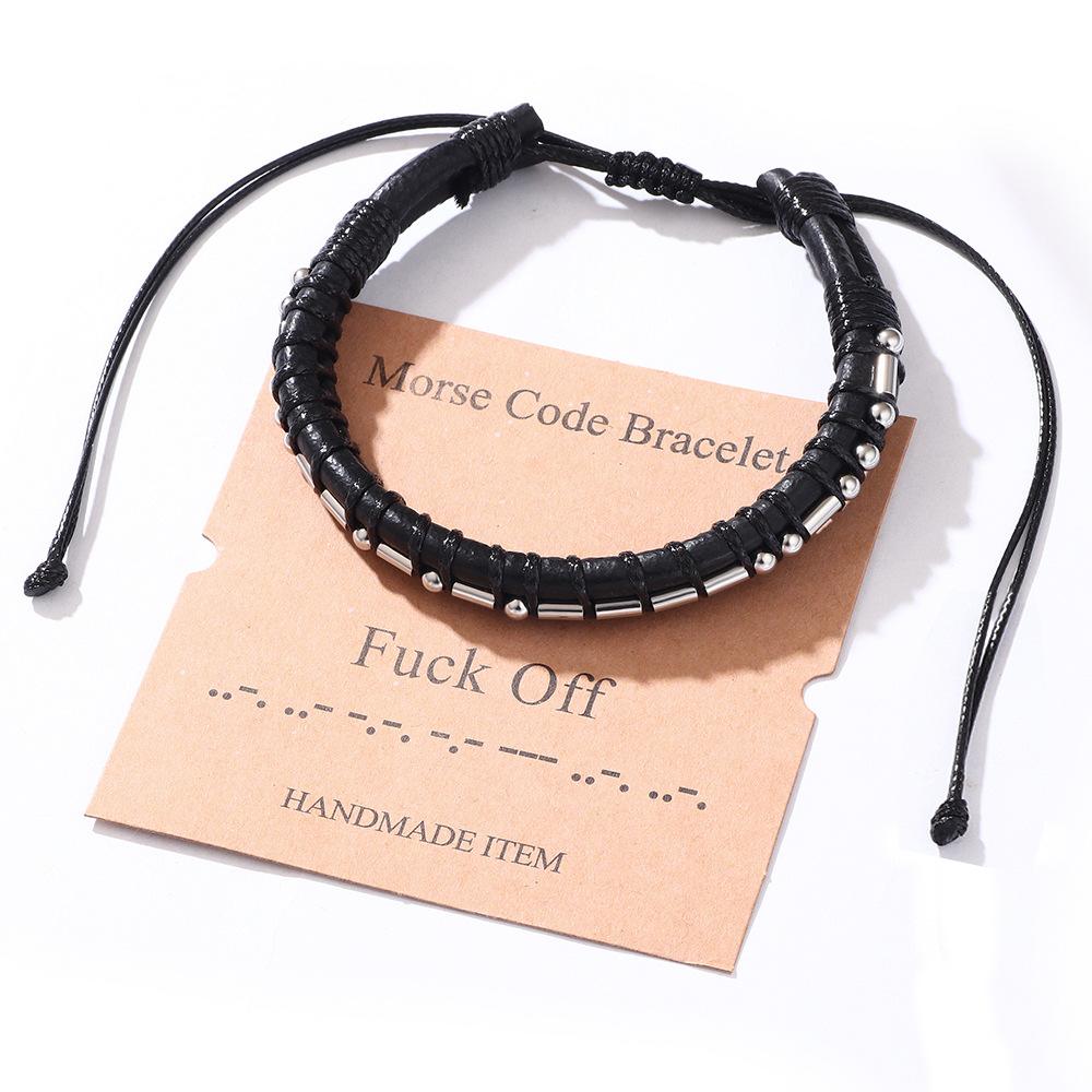 Leather Bracelet Morse Code Stainless Steel Beads Bracelet