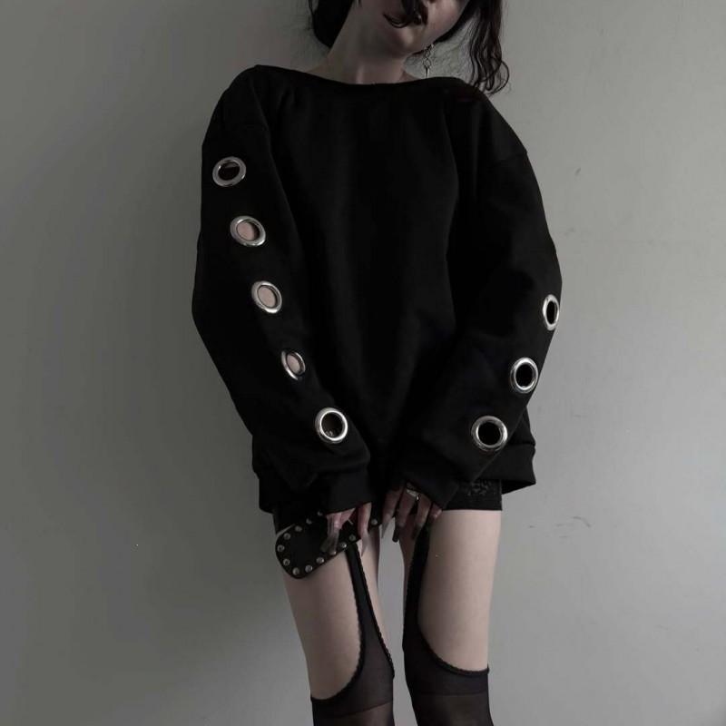 Womens Off Shoulder Long Sleeve Sweatshirt Loose Fit Streetwear Gothic Style Black Top