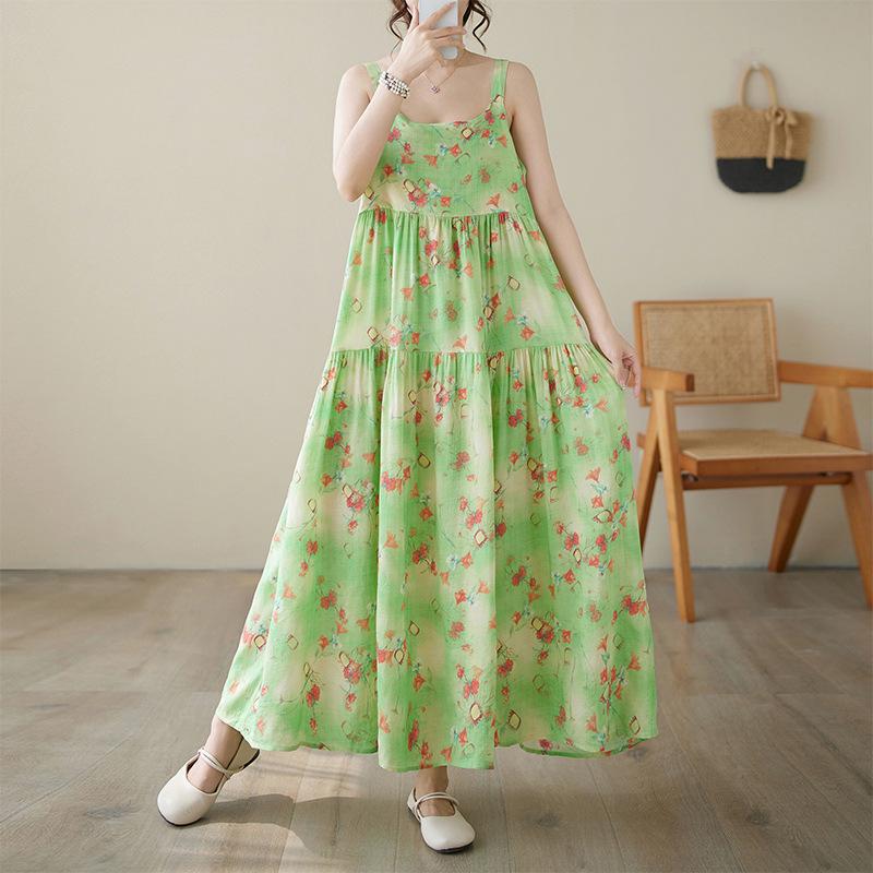 2026 Summer Cotton Linen Patchwork Long Dress with Sling and Large Hem Skirt