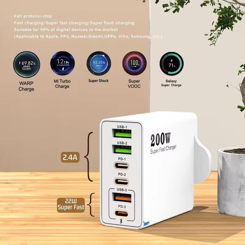 200W Super Fast Charging 6 Port USB C Charger PD3.0 USB C Type C Mobile Phone Charger For iPhone 16 Samsung ipad