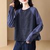 Striped Patchwork Round Neck Sweatshirt for Women in Autumn Loose and Versatile Western Style Age-reducing Top