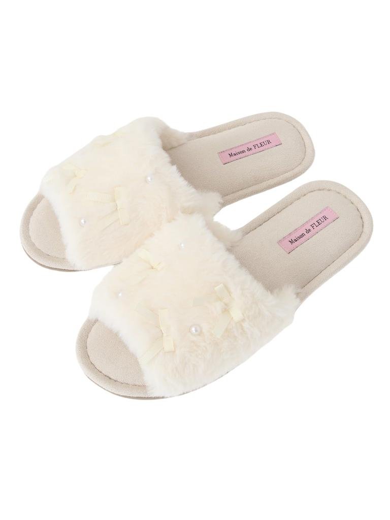 de Apparel Ribbon Pearl Fur Room Shoes for Ivory [Maison Fleur] Women,