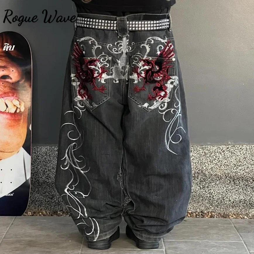 RogueWave Hip Hop Retro Sokak Günlük Y2k Harajuku Moda Trendi Nakış Desenli Denim Pantolon Düz Geniş Paça Pantolon
