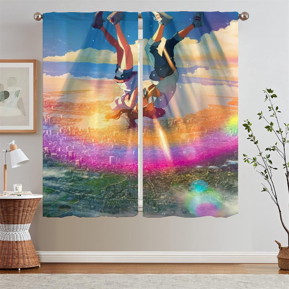 Hayao Miyazaki Modern Living Room Curtains for Camera Blind Blackout Curtain Tiebacks Partition Kitchen Curtains 2 Pcs Set Curls