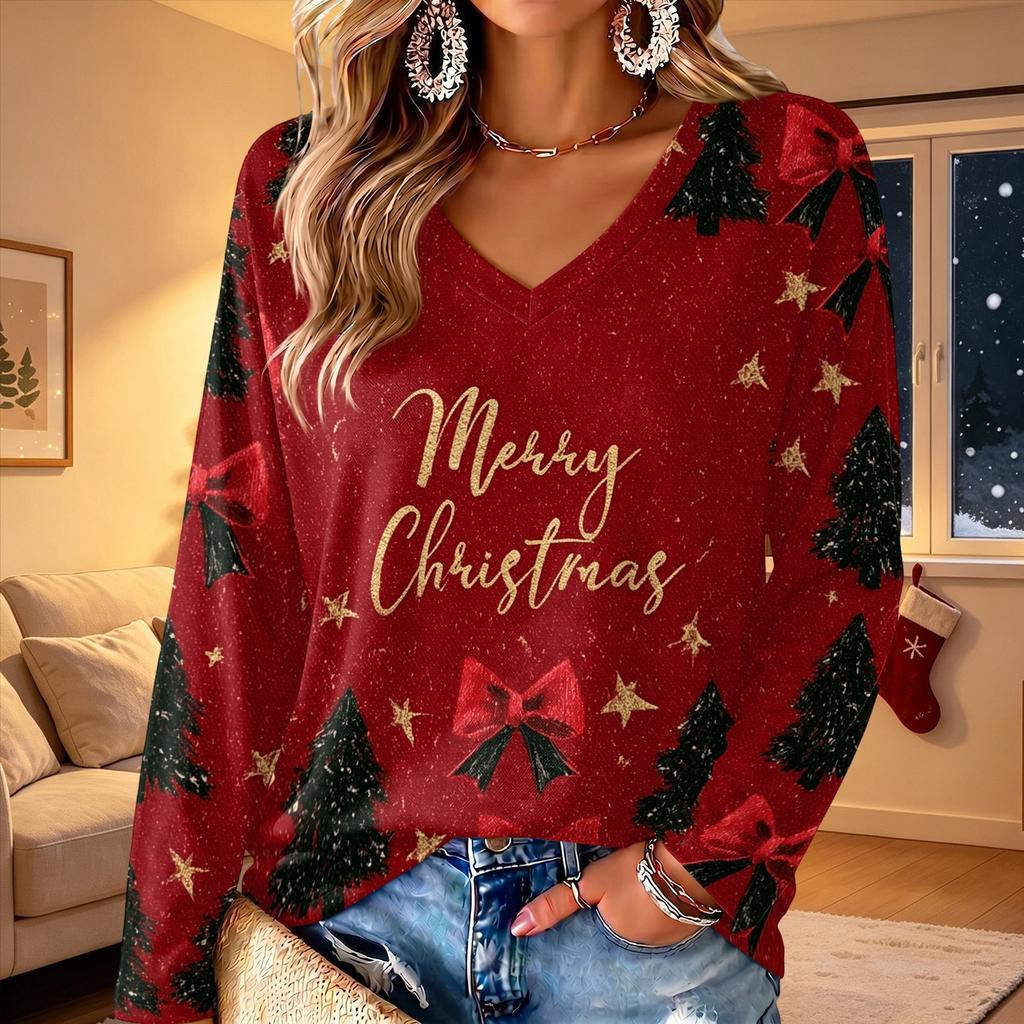 Women's V-Neck Long Sleeve Christmas Print Lightweight Blouse for Spring and Summer