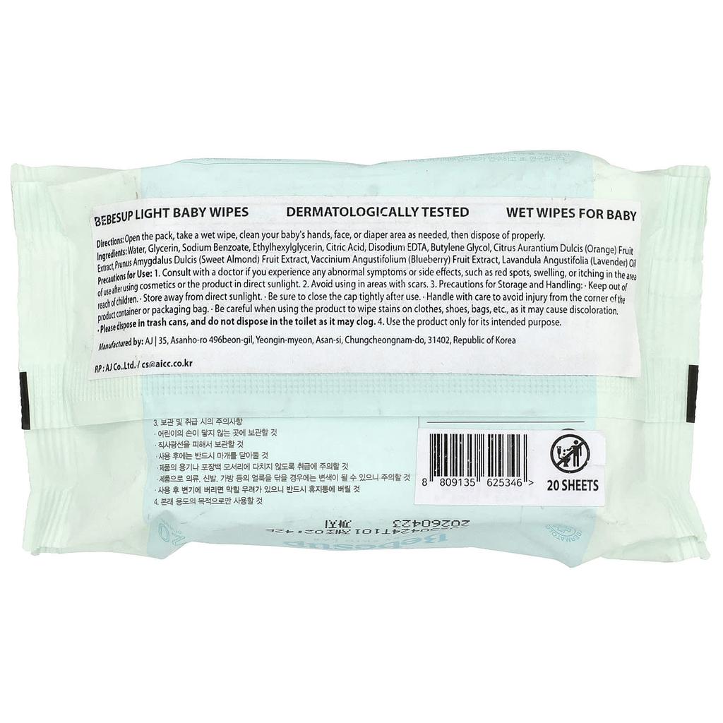 Bebesup, Baby Wipes, Light, 20 Sheets