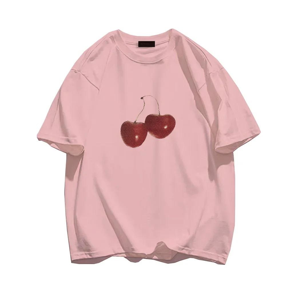 2024 Beautiful Cherry Print Summer T-Shirt Streetwear Gothic Harajuku Letter Graphic TShirt Vintage Crop Top Women's Y2K Clothes