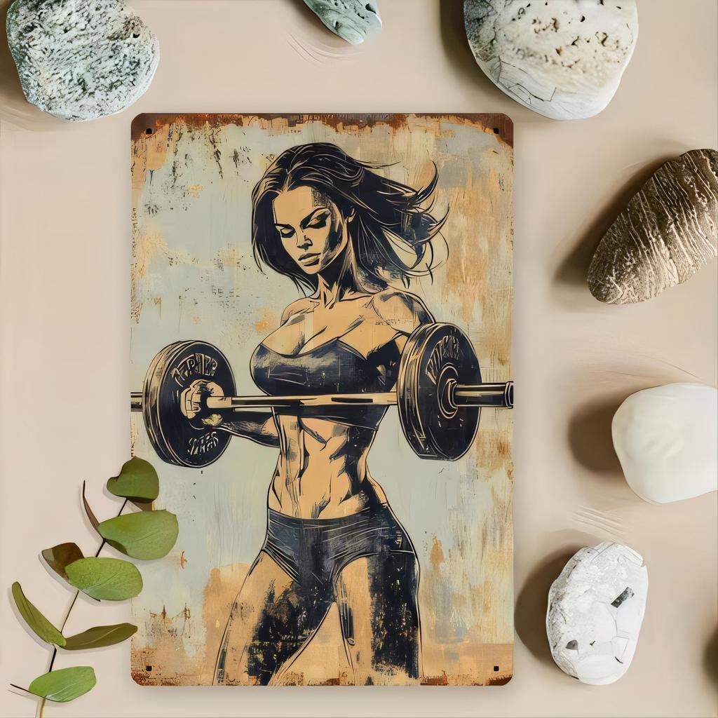 Tin Sign Vintage Gym Fitness Girl Lifting Barbell Poster Metal Wall Decor for Home Garage Man Cave Gym Room Retro Rust Style I