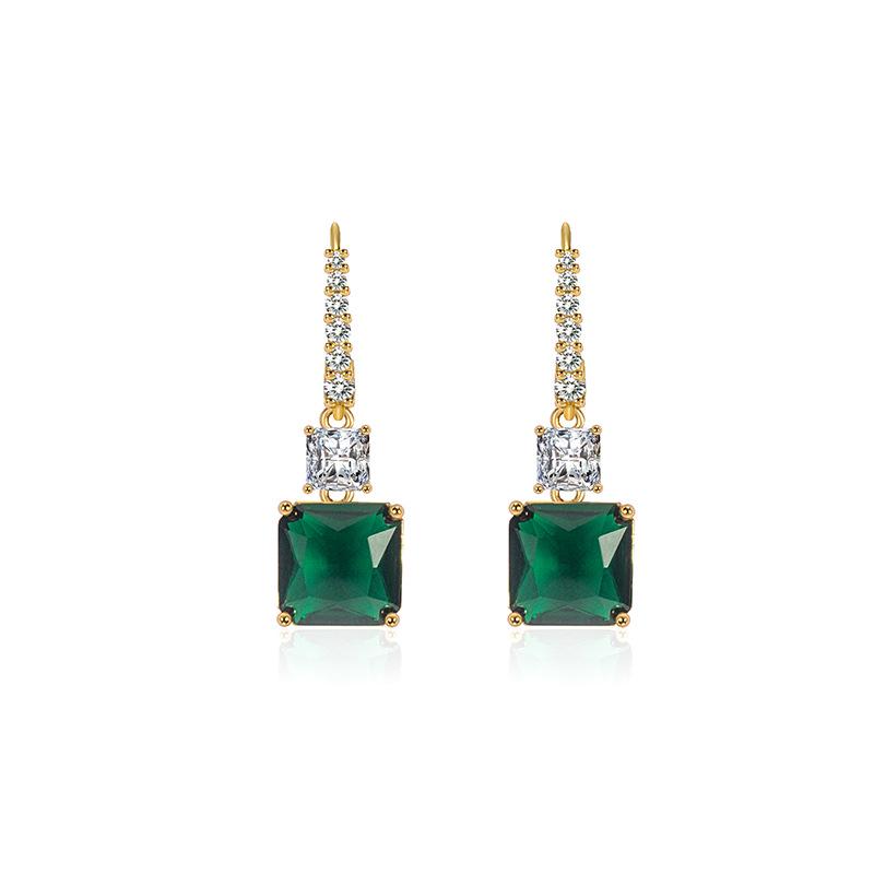 18K Gold Korean Style Square Emerald Zircon Earrings for Women