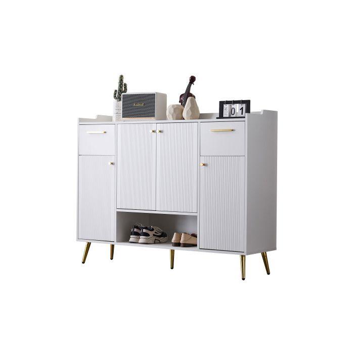 Armoire à chaussures - MUVOE - 2 tiroirs - 4 portes - Blanc - Design moderne