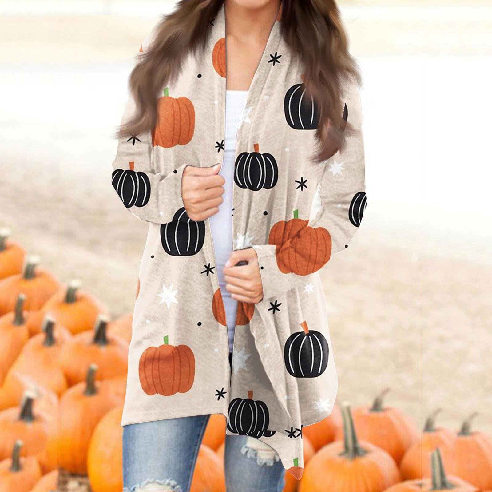 

Женская модная повседневная куртка-кардиган средней длины с длинным рукавом и принтом на Хэллоуин M хаки