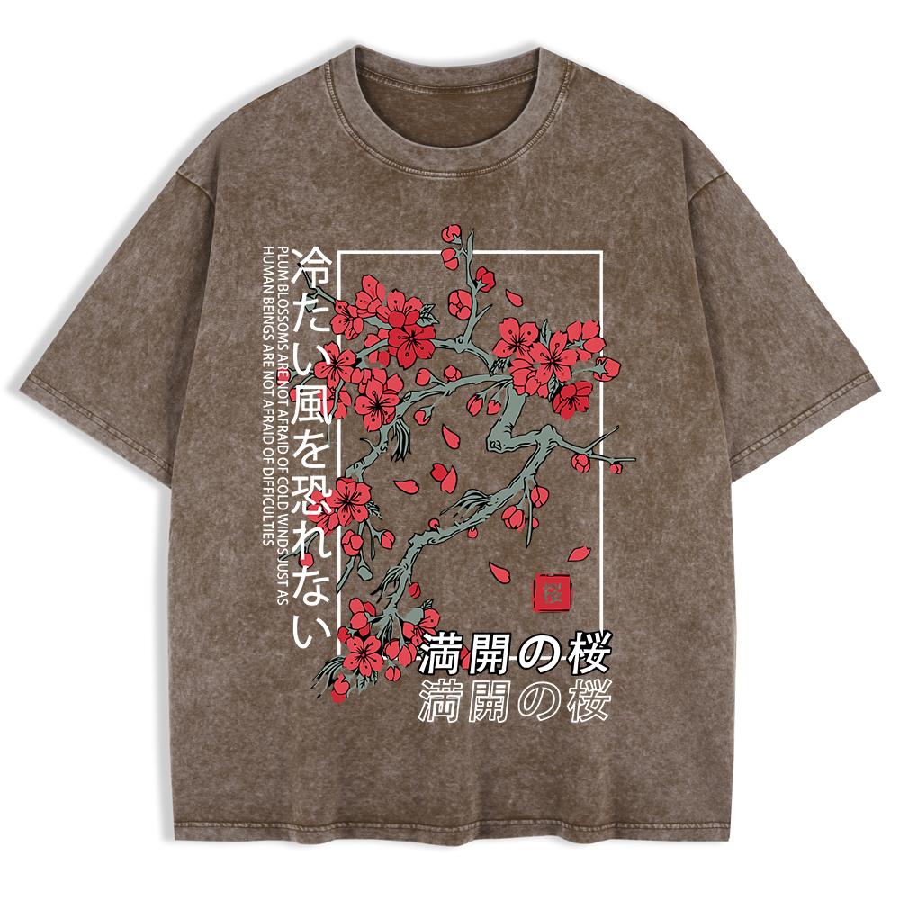 Japan Tokyo Körsbärsblomma Tryckta Tvättade T-shirts Herr Bomull Kortärmade Toppar Sommar Rund Hals Överdimensionerad T-shirt Kläder